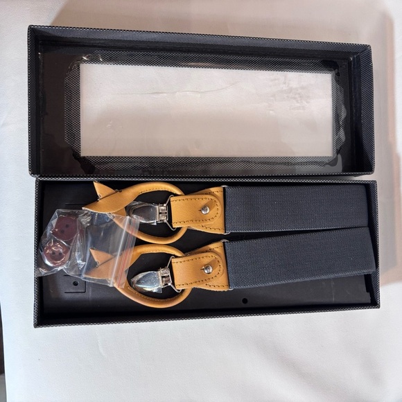 SUSPENDERS Unbranded Dark Charcoal Grey and Tan  With Extra Buttons NEW IN BOX - Picture 4 of 7